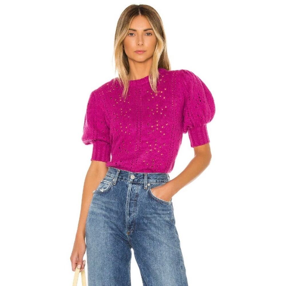 For Love and Lemons Brooke Puff Sleeve Pointelle Knit Sweater Juice Pink MEDIUM